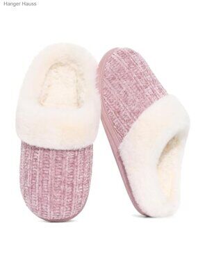 Chenille Knit Fuzzy Slippers Memory Foam Fleece Lined House Shoes